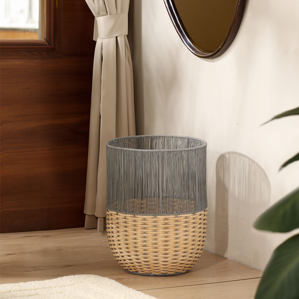 Metal and Rattan Open Basket - Beige Grey