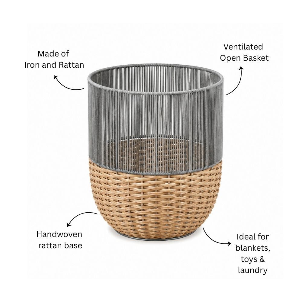 Metal and Rattan Open Basket - Beige Grey
