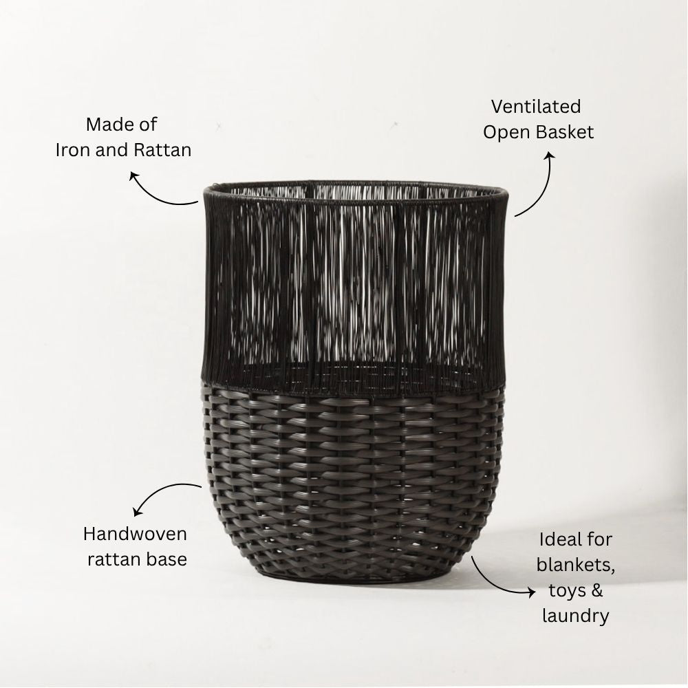Metal and Rattan Open Basket - Charcoal Black