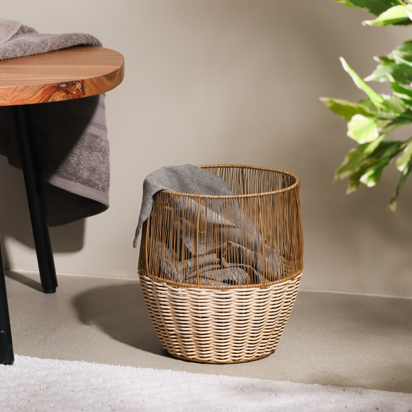 Metal and Rattan Open Basket - Dull Gold