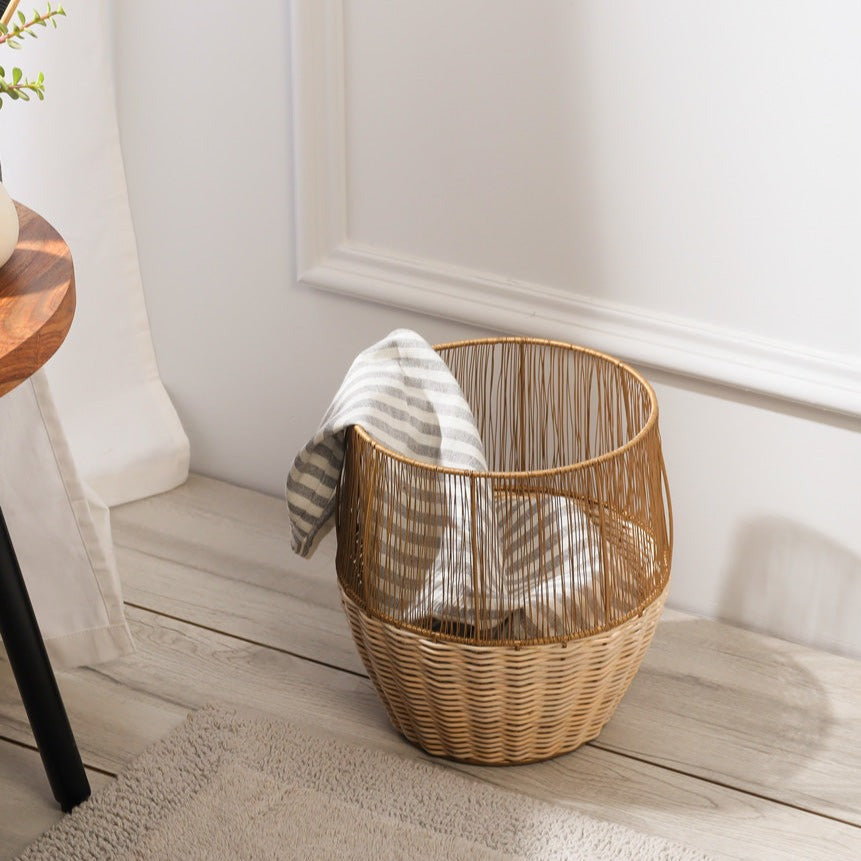 Metal and Rattan Open Basket - Dull Gold