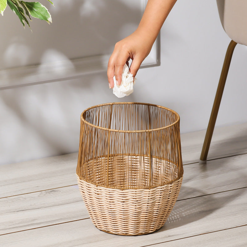 Metal and Rattan Open Basket - Dull Gold