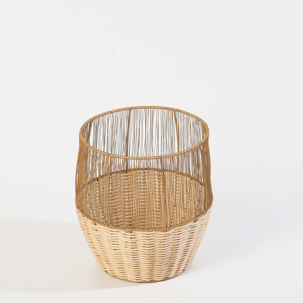 Metal and Rattan Open Basket - Dull Gold