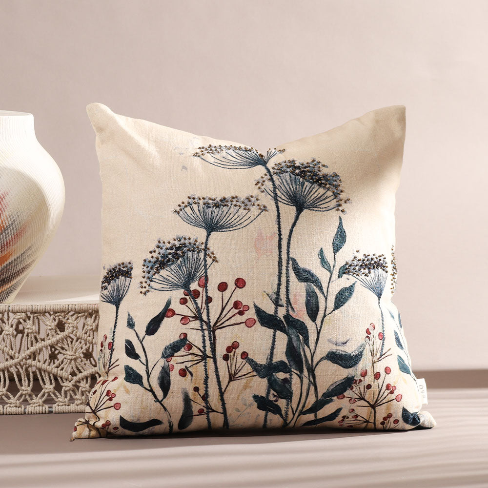 Milkweed Beaded & Printed Cotton Cushion Cover 45x45cm - Blue Cream