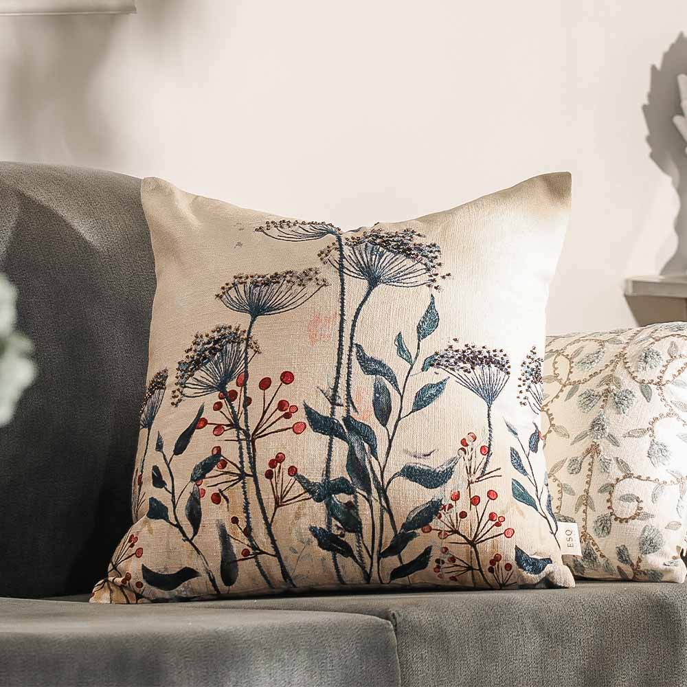 Milkweed Beaded & Printed Cotton Cushion Cover 45x45cm - Blue Cream