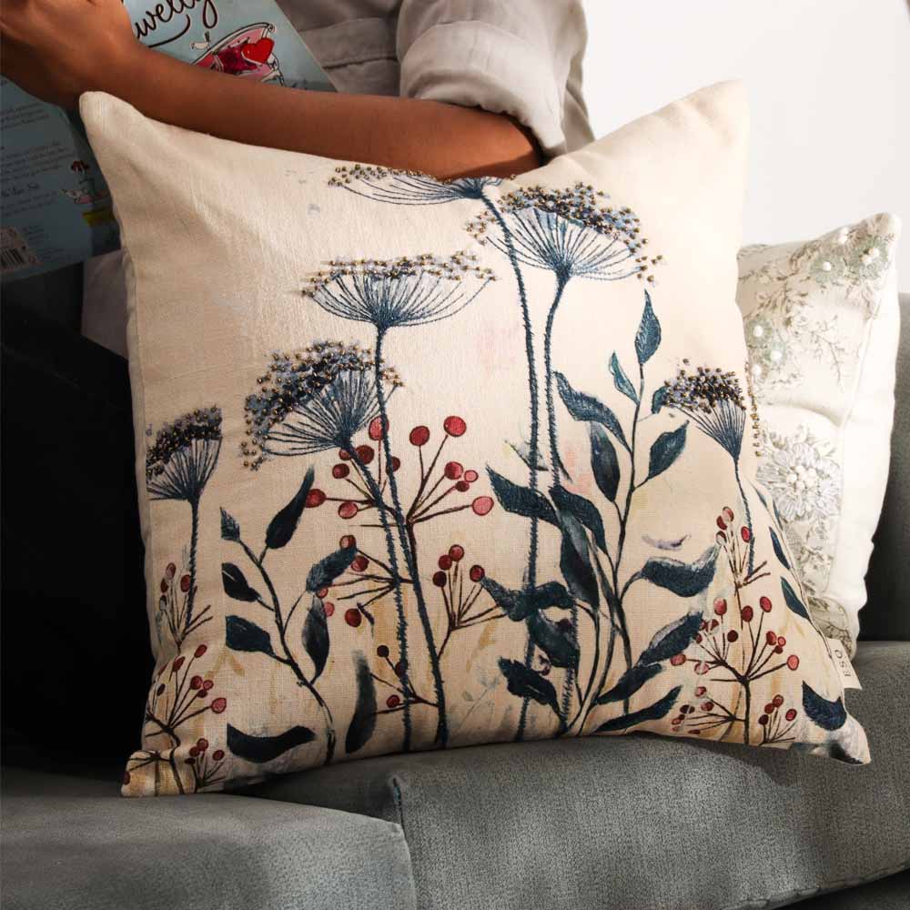 Milkweed Beaded & Printed Cotton Cushion Cover 45x45cm - Blue Cream