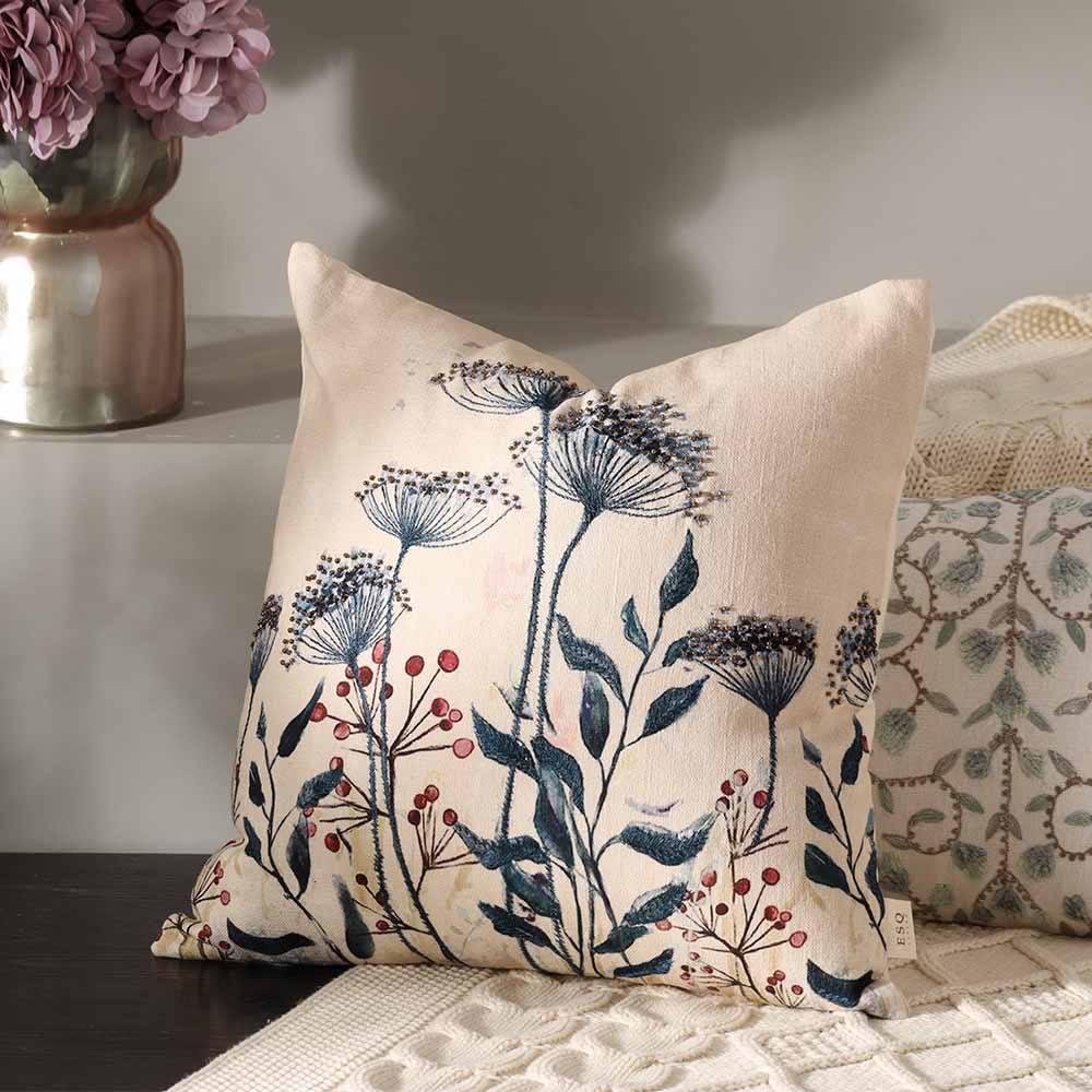 Milkweed Beaded & Printed Cotton Cushion Cover 45x45cm - Blue Cream