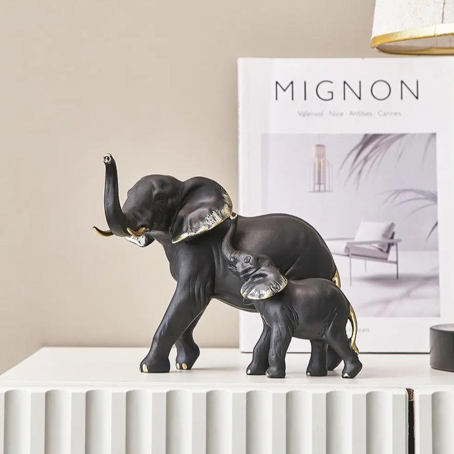 Mother & Baby Elephant Decorative Sculpture - Black