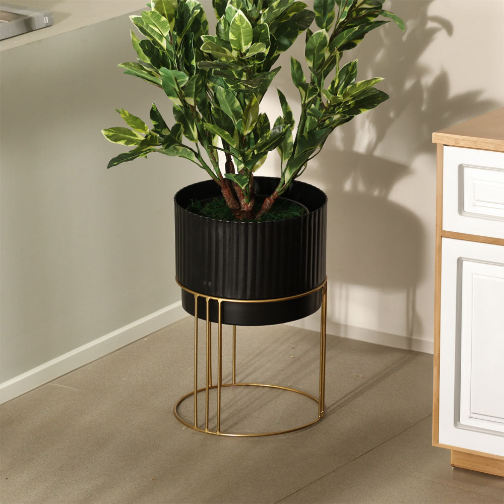 Nara Ribbed Planter with Stand Short - Black Gold