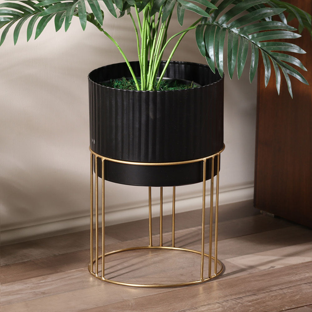 Nara Ribbed Planter with Stand Short - Black Gold