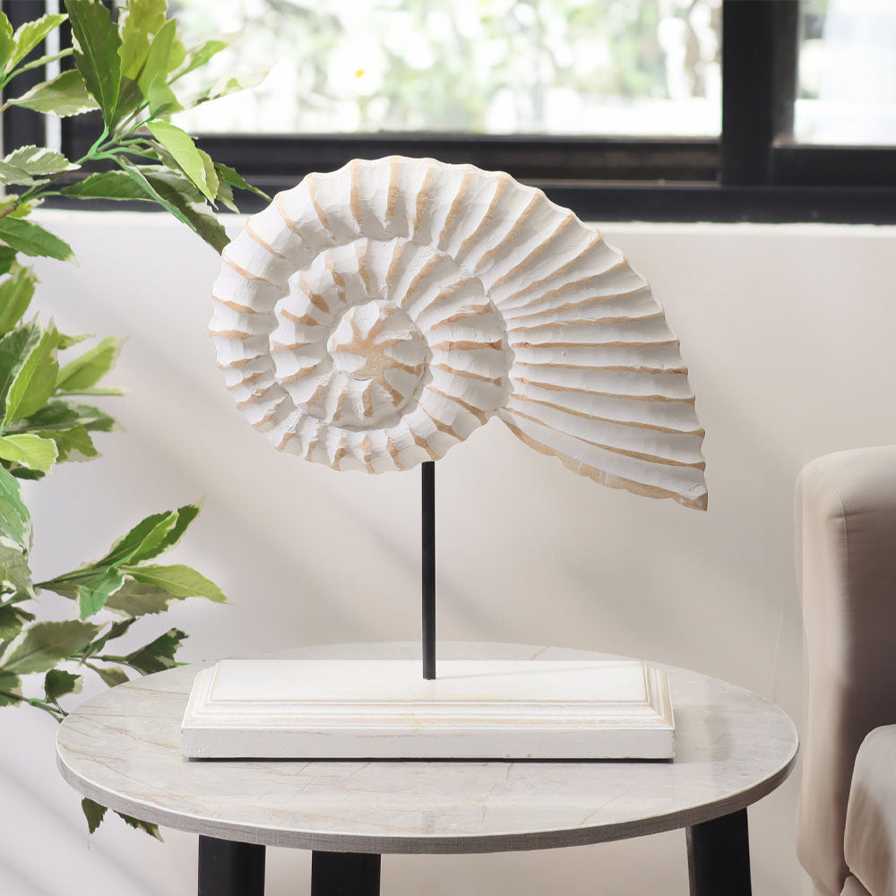 Nautilus Carved Wooden Decorative Sculpture - Vintage White