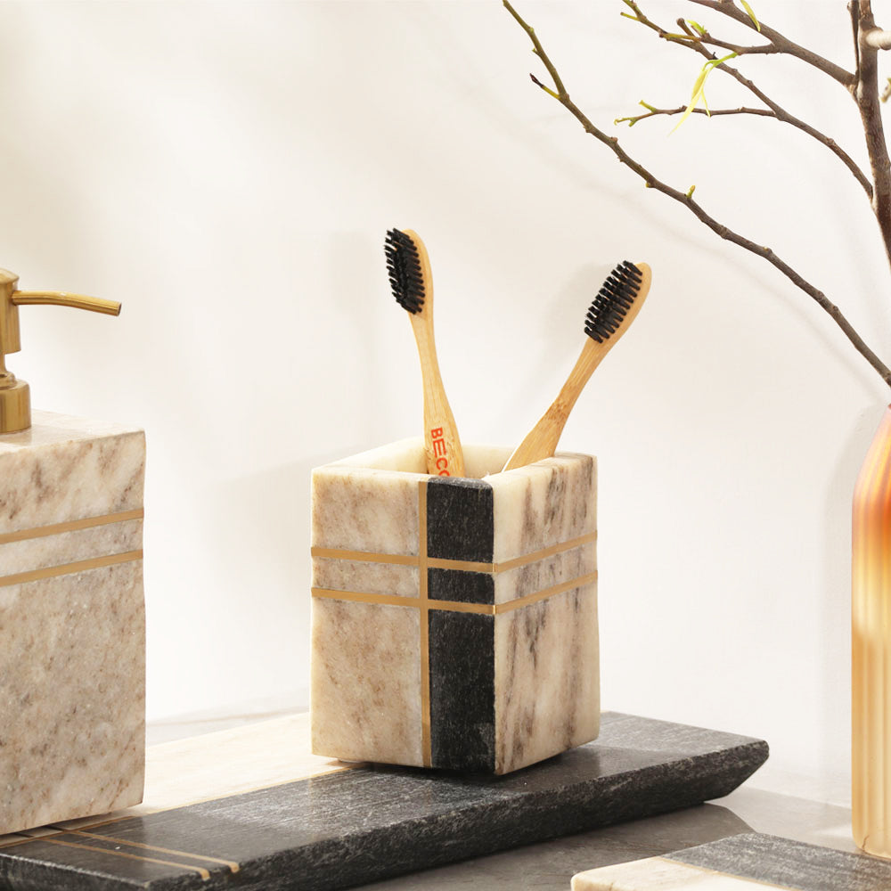 Nera Marble Toothbrush Tumbler - Beige & Black