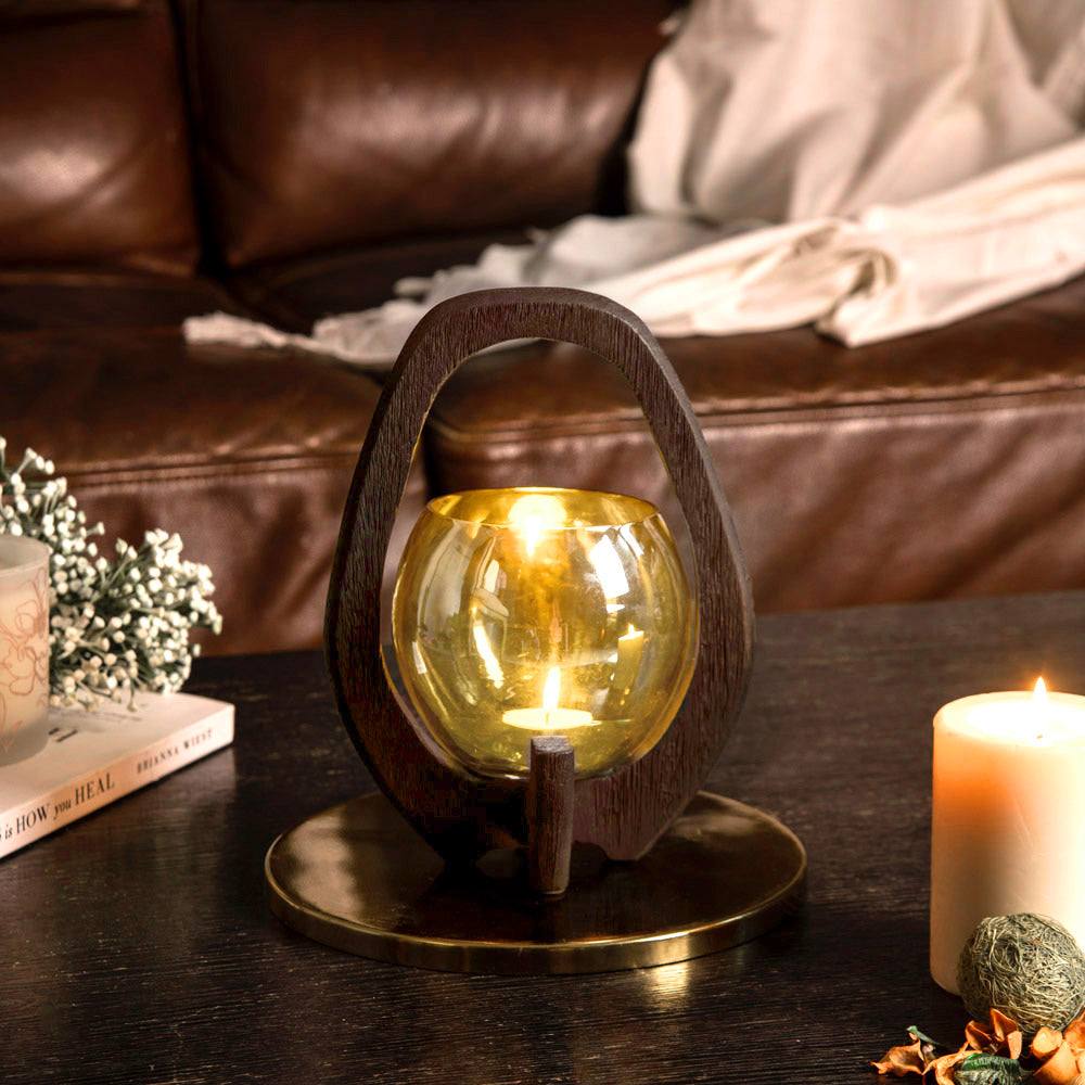 ESQ Living Nest Glass Lantern with Wooden Holder - Walnut