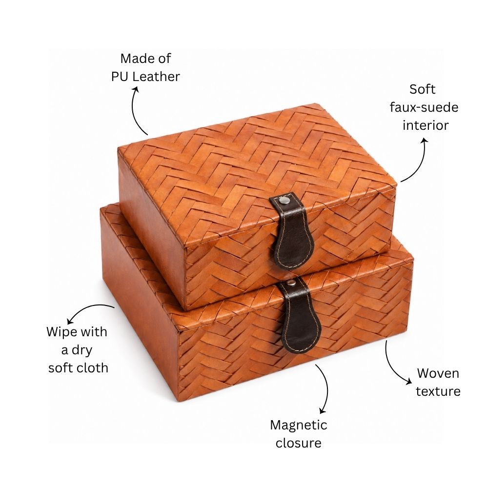Nested Woven Leather Storage Boxes, Set of 2 - Tan