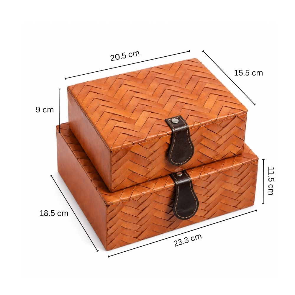 Nested Woven Leather Storage Boxes, Set of 2 - Tan