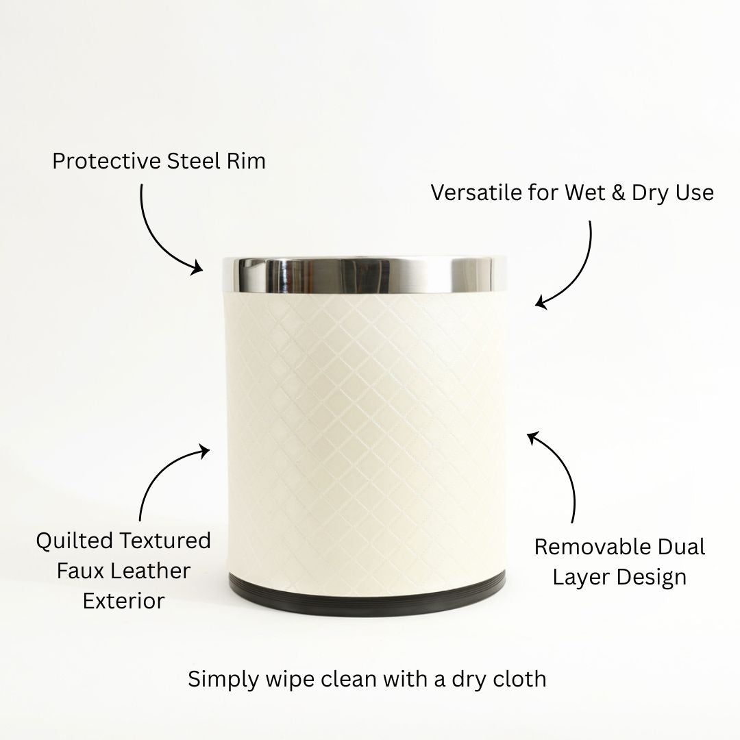 Damas Quilted Round Waste Bin 10L - Pearl Ivory
