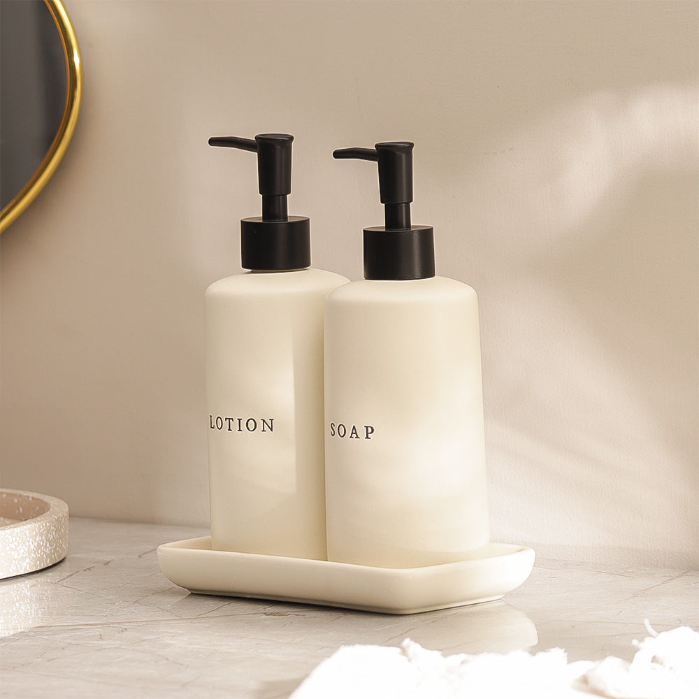 Noir Dual Dispenser Set with Tray - Cream Black