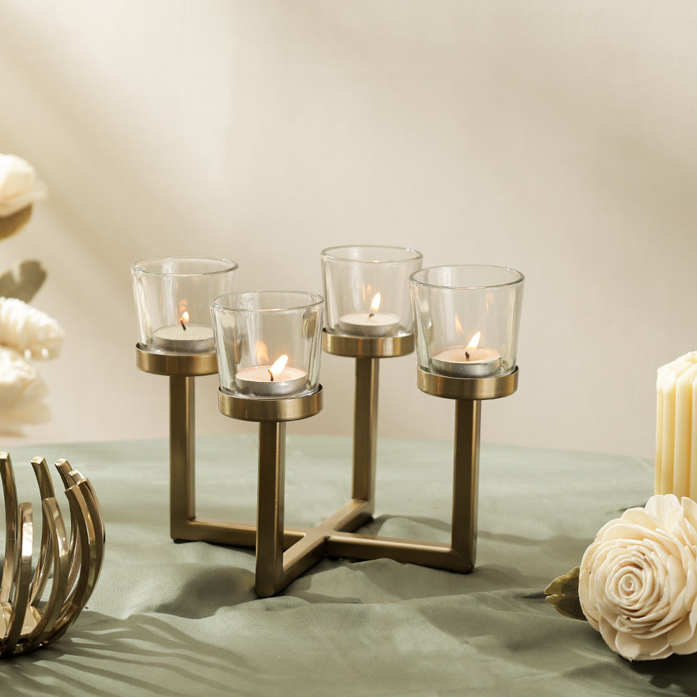 Noval Tealight Holders with Stand - Dull Gold
