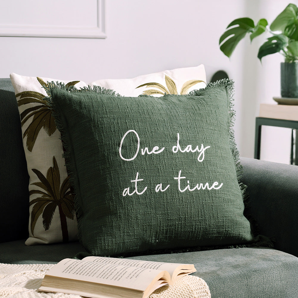 Mantra Embroidered Cotton Cushion Cover 45x45cm - Moss Green