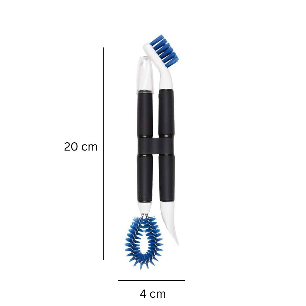 Cleaning brush with blue bristles and black handle, shown with measurements on a white background.