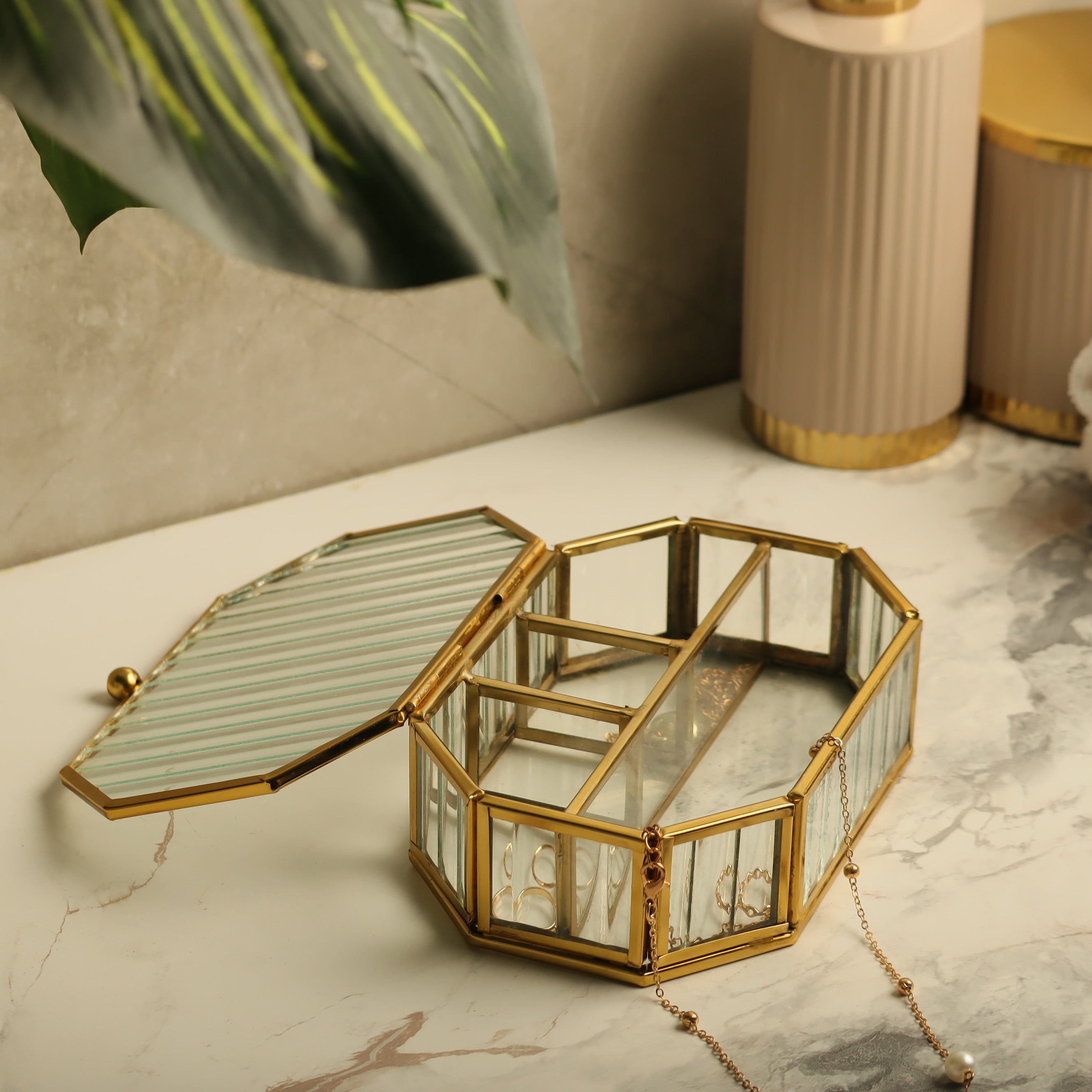 Octagonal Fluted Glass Jewellery Box - Gold