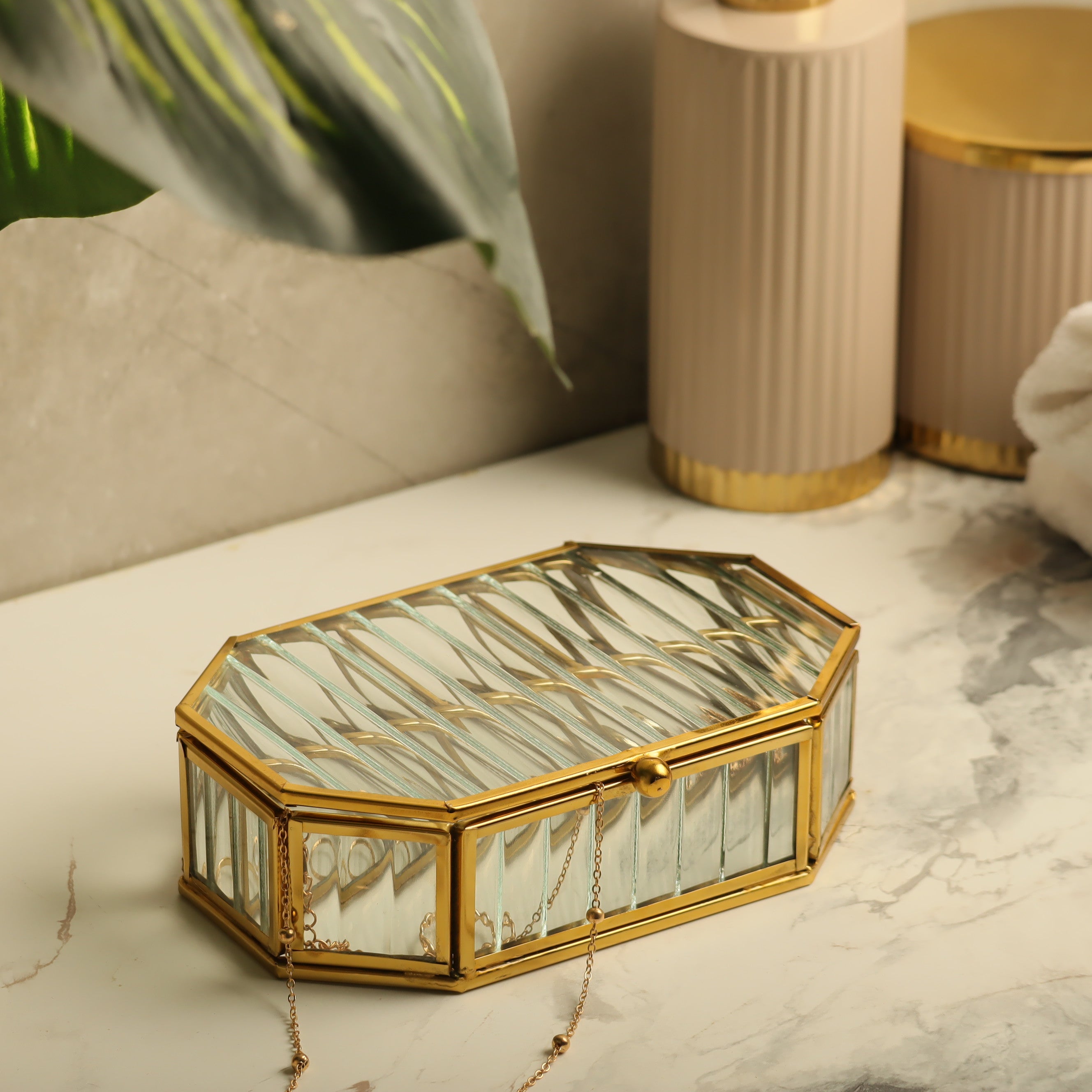 Octagonal Fluted Glass Jewellery Box - Gold