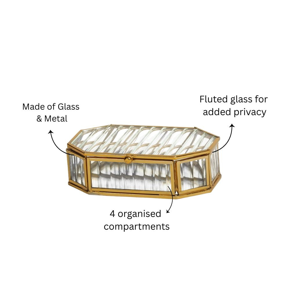 Octagonal Fluted Glass Jewellery Box - Gold