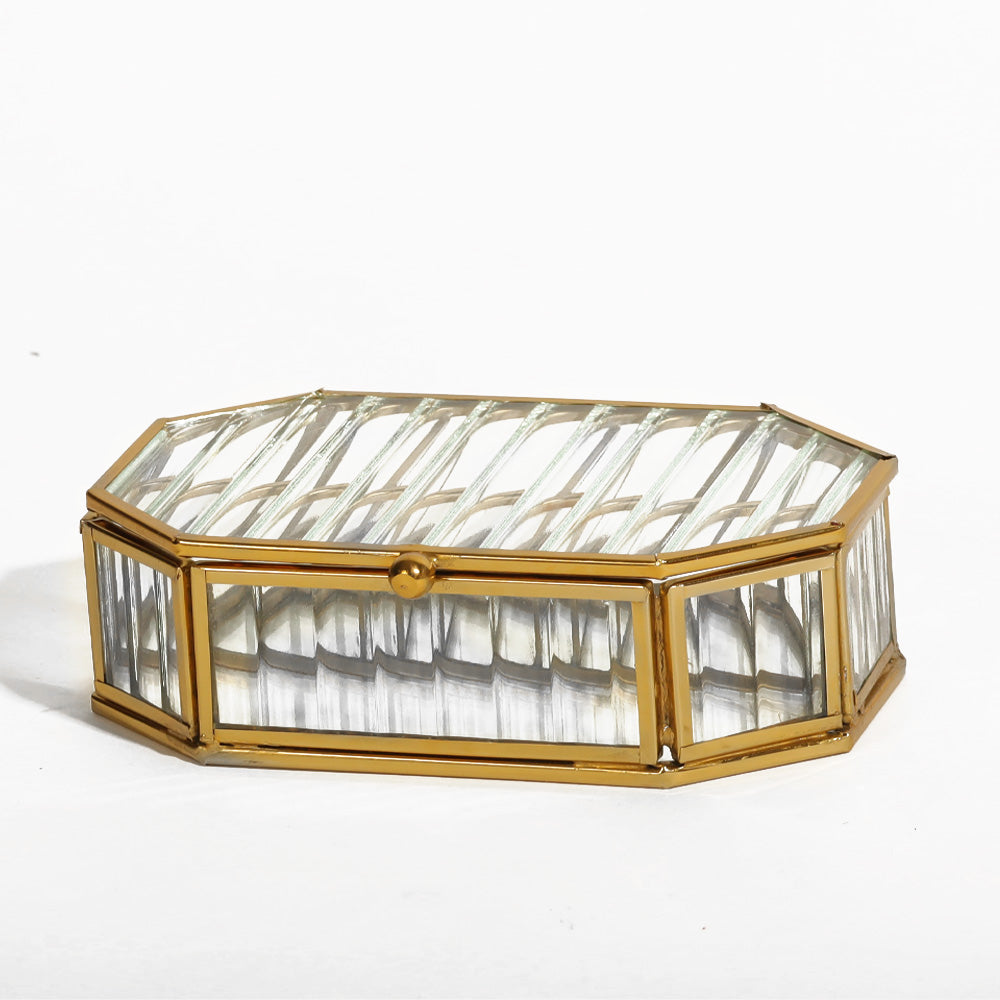 Octagonal Fluted Glass Jewellery Box - Gold