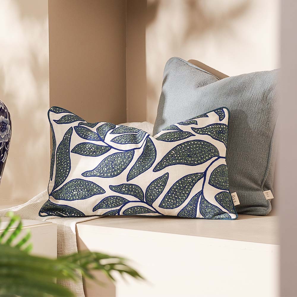 Oliva Embroidered Cushion Cover 50x30cm - Green Blue