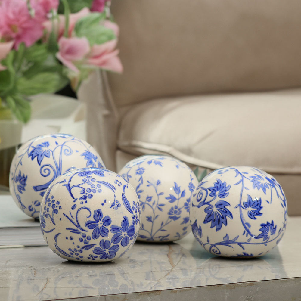 Olsen Ceramic Decorative Accent Balls, Set of 4 - Blue Flowers