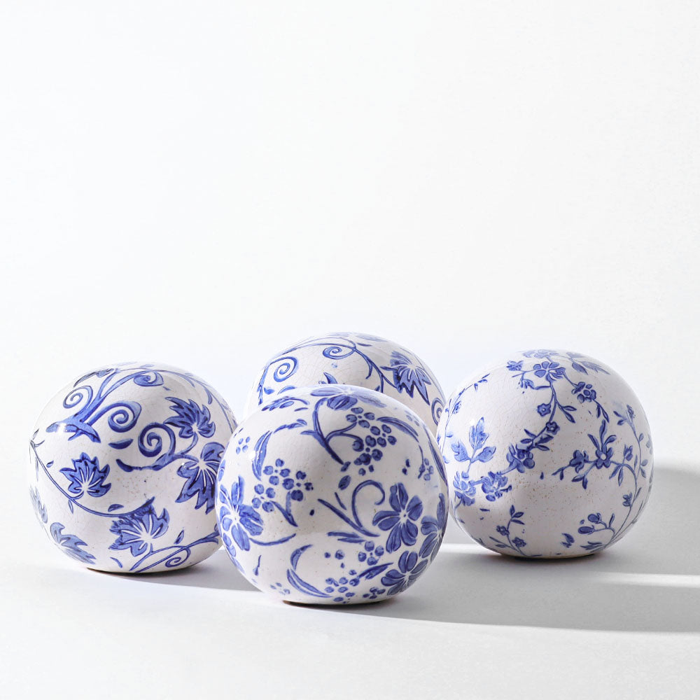 Olsen Ceramic Decorative Accent Balls, Set of 4 - Blue Flowers