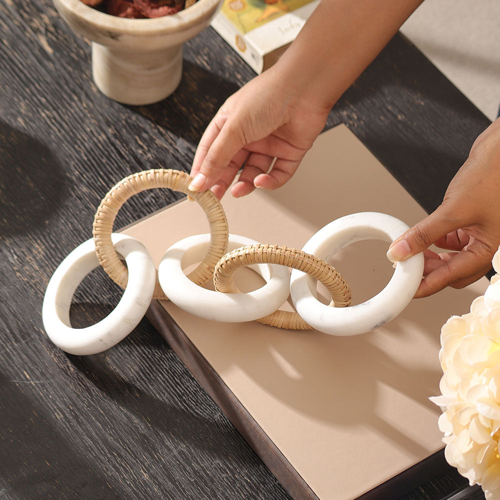 Olympia Marble & Rattan Linked Sculpture - Natural White