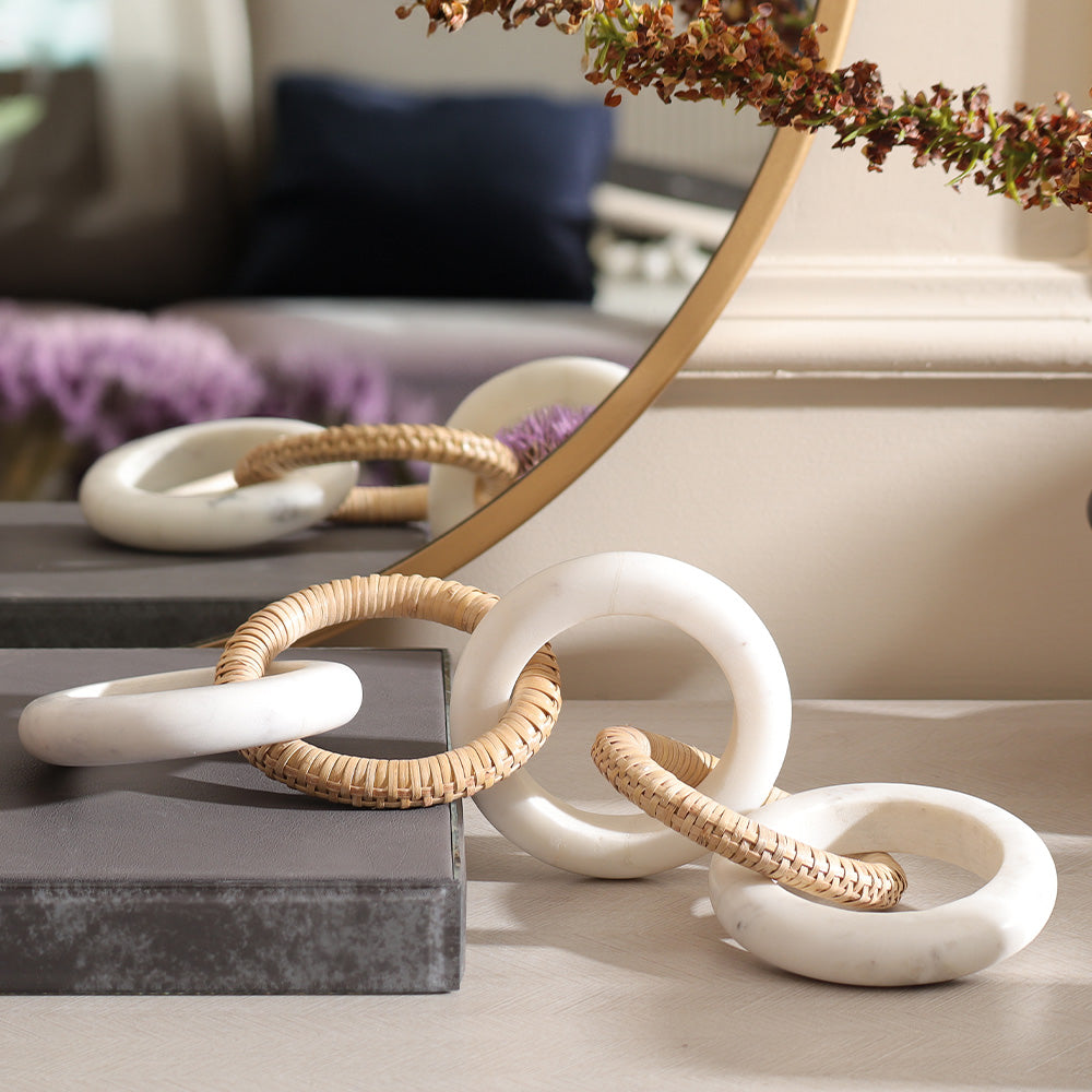 Olympia Marble & Rattan Linked Sculpture - Natural White