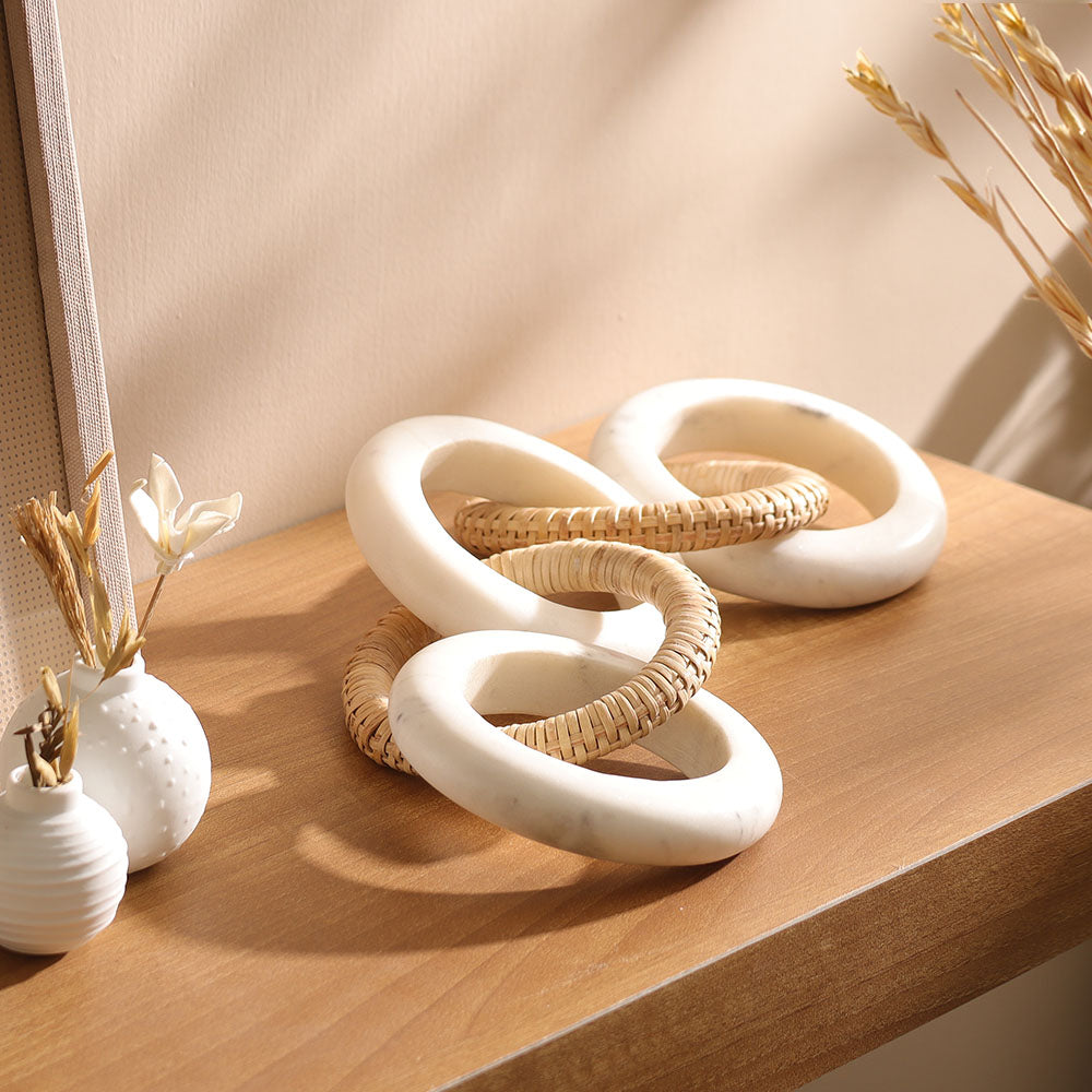 Olympia Marble & Rattan Linked Sculpture - Natural White
