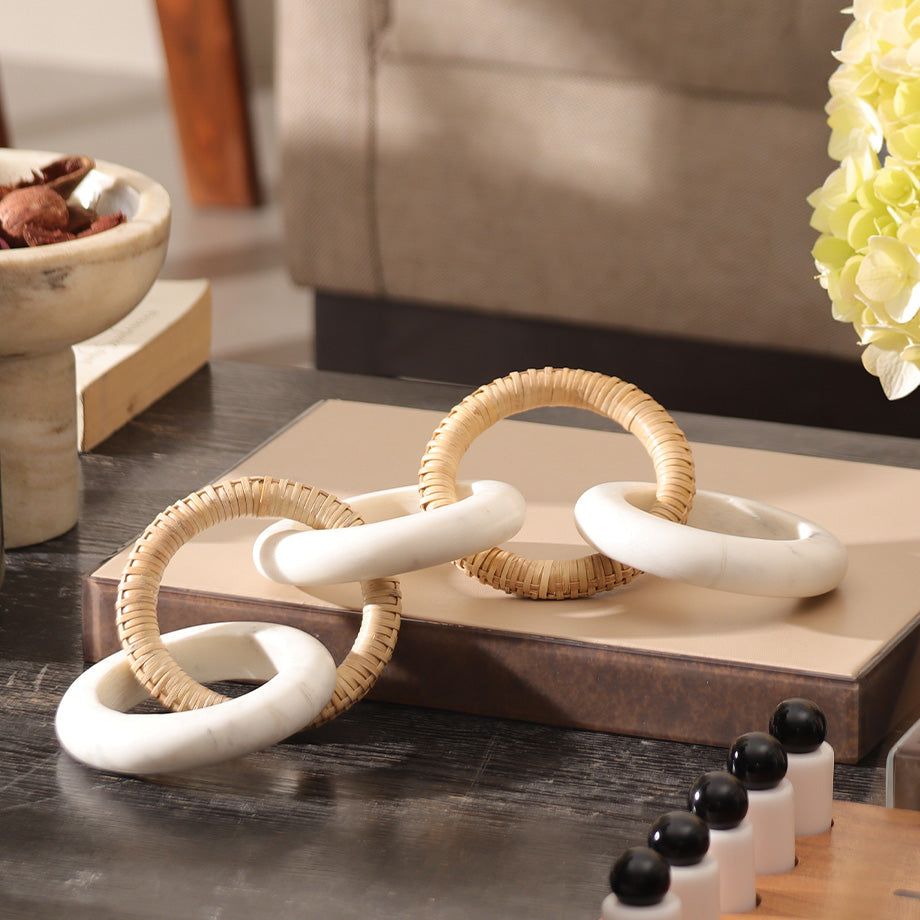 Olympia Marble & Rattan Linked Sculpture - Natural White
