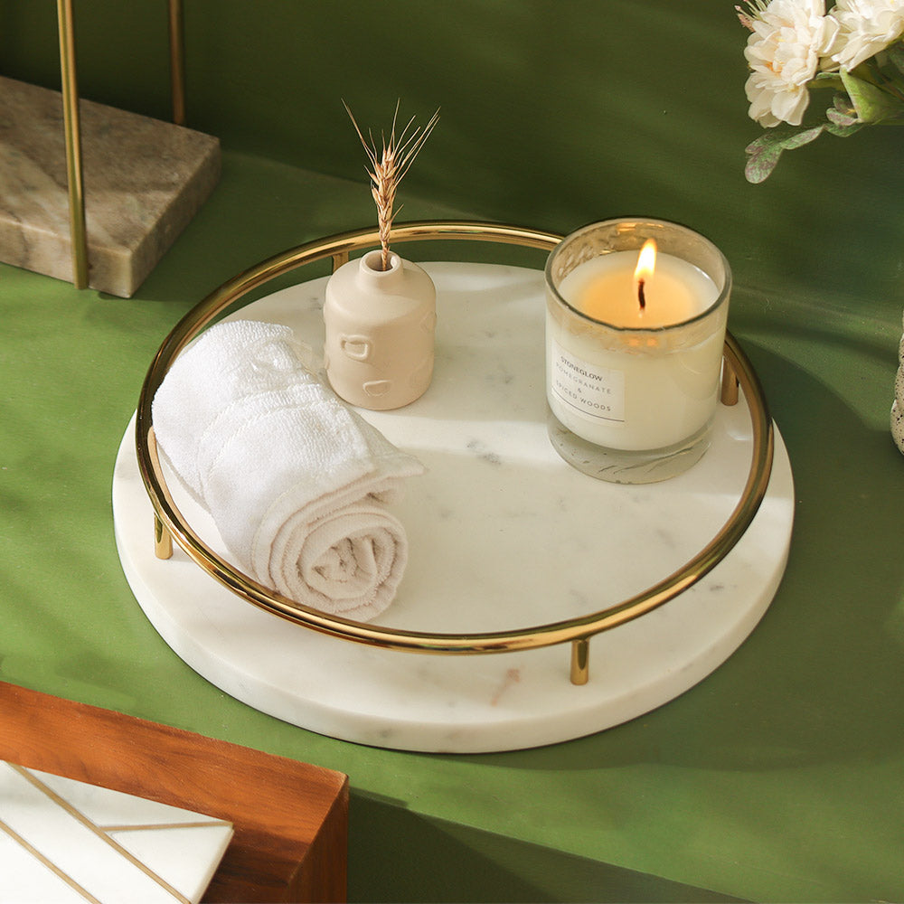 Omai Marble Round Decorative Tray - White Gold