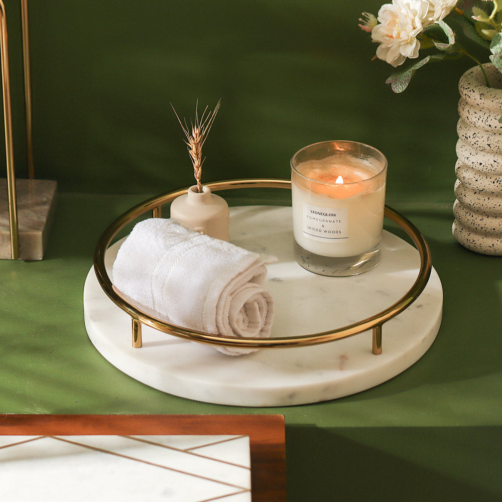 Omai Marble Round Decorative Tray - White Gold