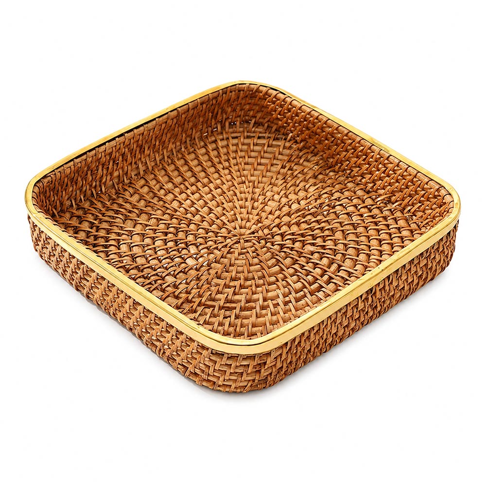 Opal Rattan & Brass Square Decorative Tray Large - Natural Gold