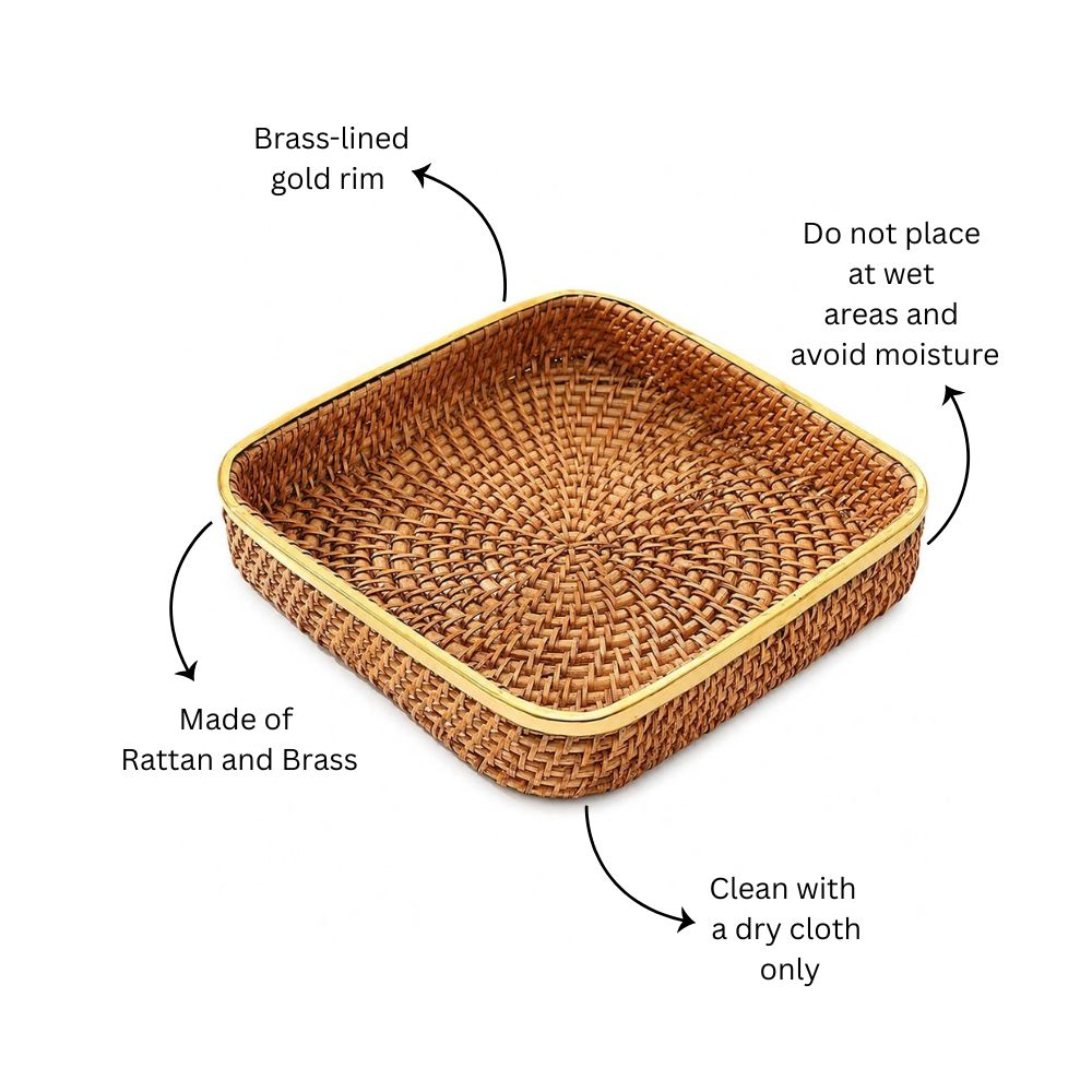Opal Rattan & Brass Square Decorative Tray Large - Natural Gold