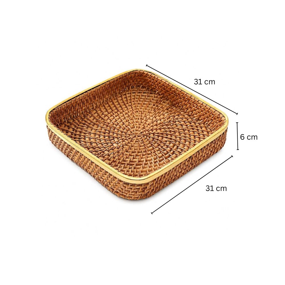 Opal Rattan & Brass Square Decorative Tray Large - Natural Gold