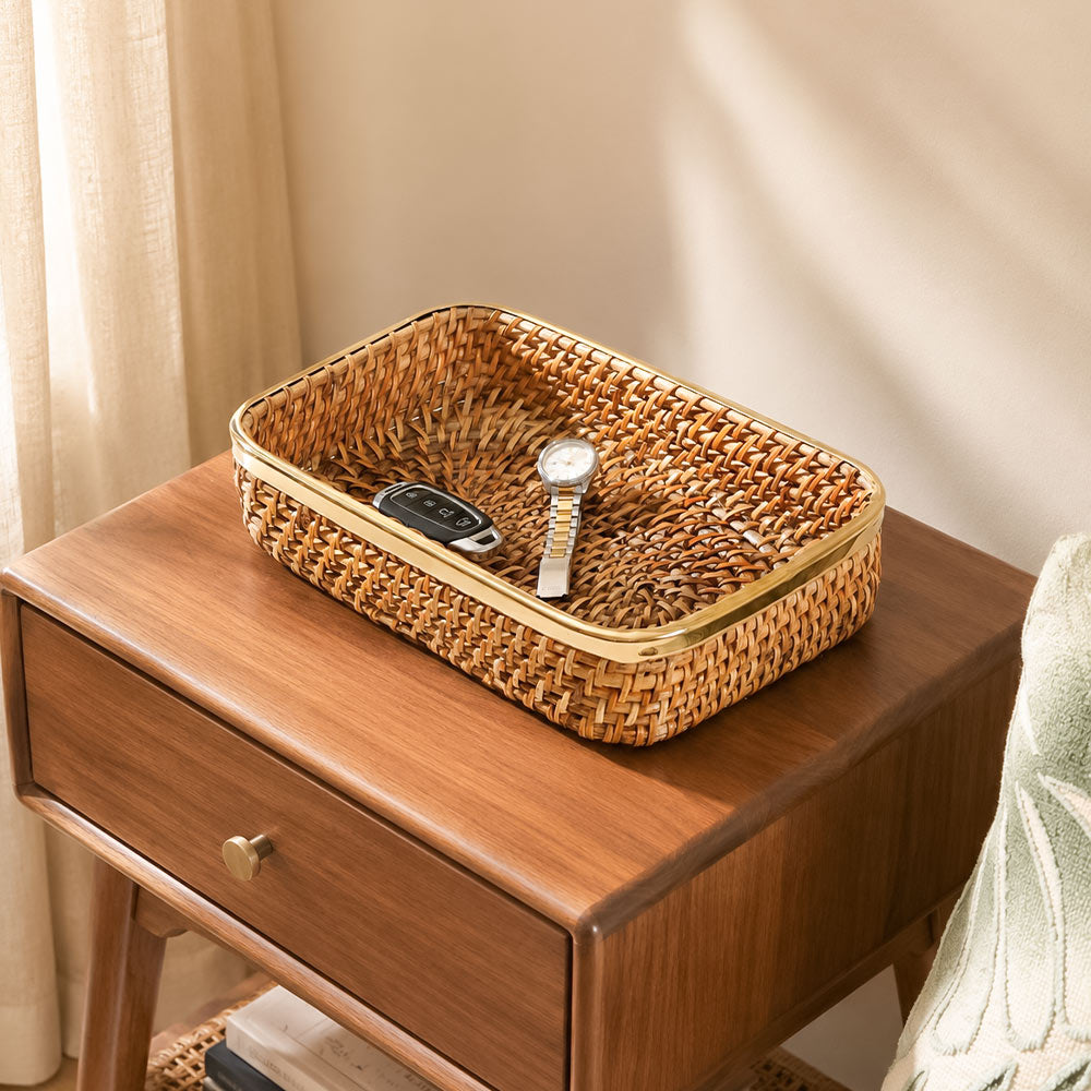 Opal Rattan & Brass Rectangular Decorative Tray Medium - Natural Gold
