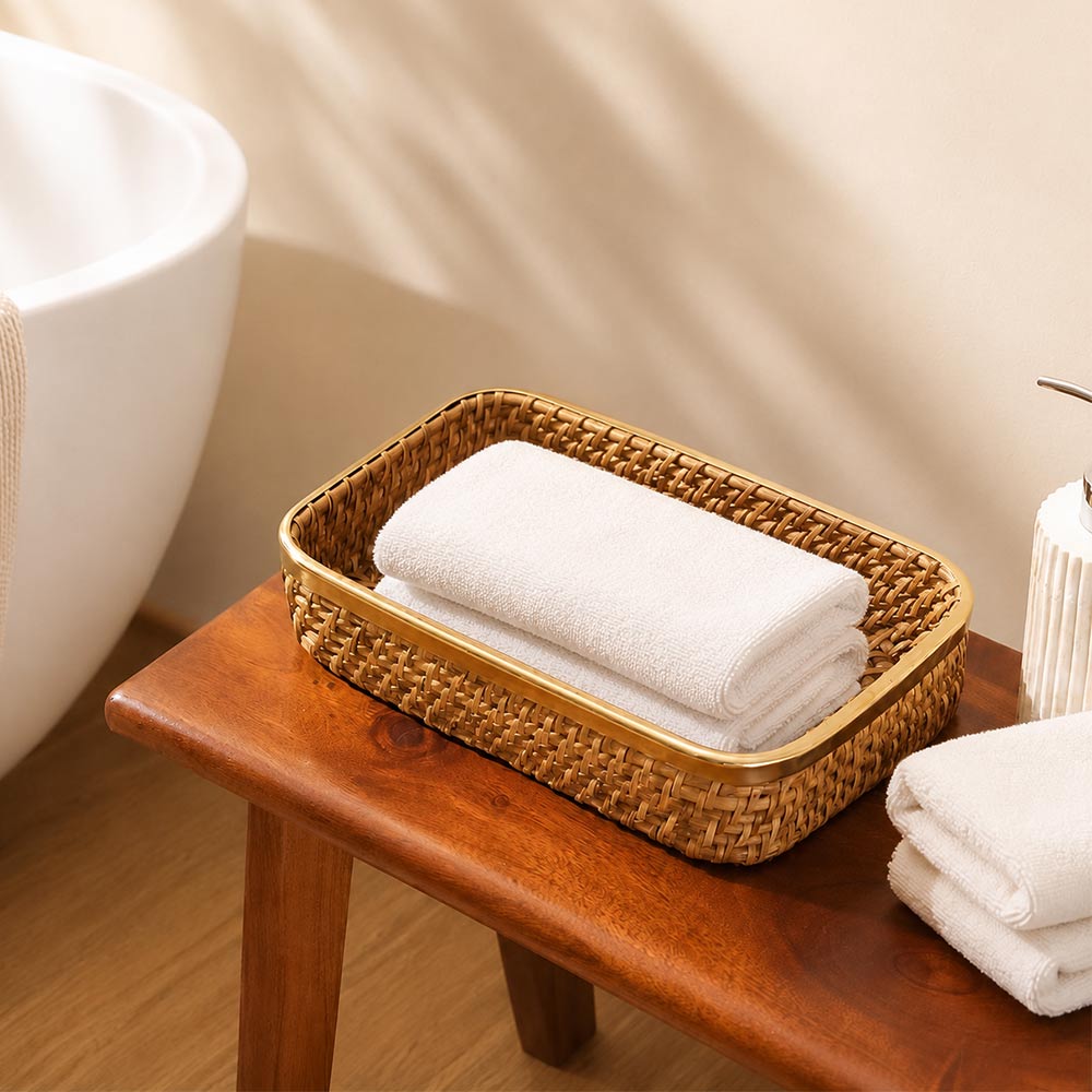 Opal Rattan & Brass Rectangular Decorative Tray Medium - Natural Gold