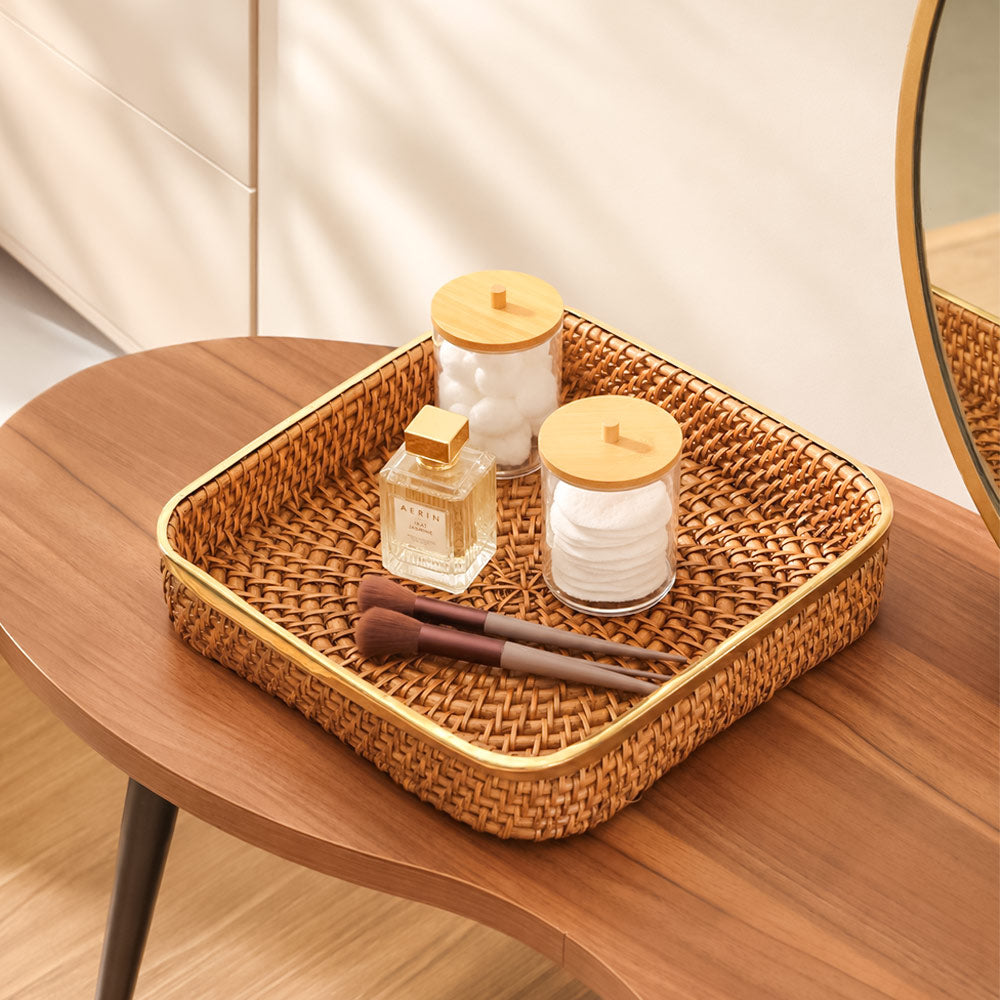 Opal Rattan & Brass Square Decorative Tray Large - Natural Gold