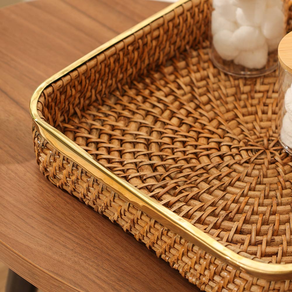 Opal Rattan & Brass Square Decorative Tray Large - Natural Gold