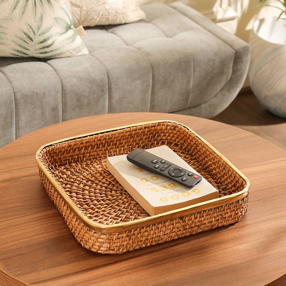 Opal Rattan & Brass Square Decorative Tray Large - Natural Gold