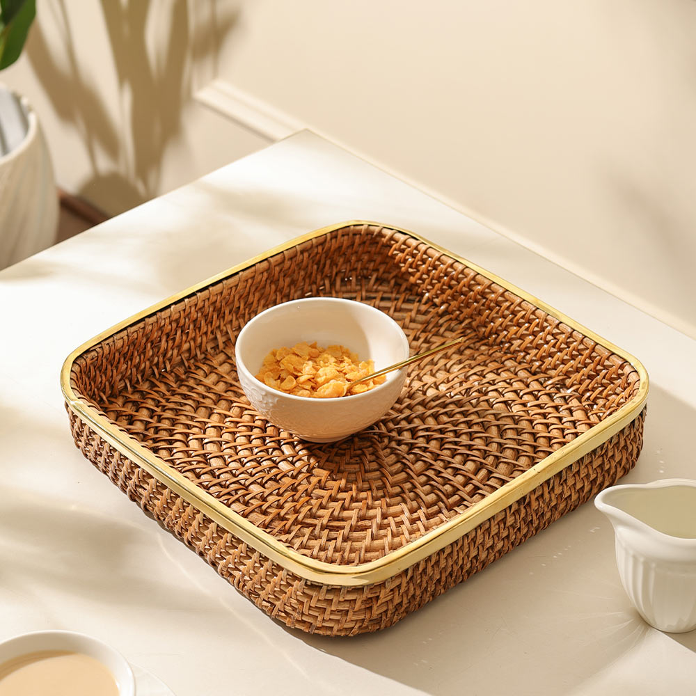 Opal Rattan & Brass Square Decorative Tray Large - Natural Gold