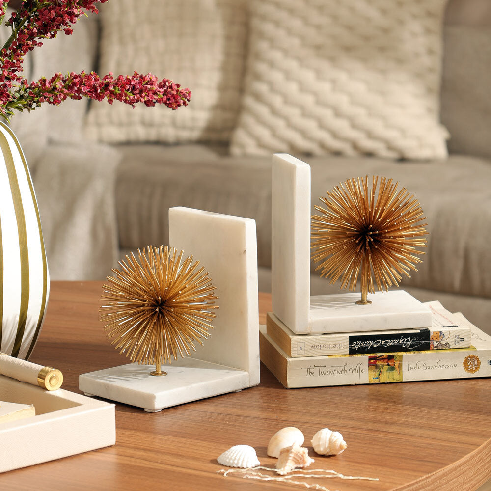 Infinity Metal & Marble Bookends, Set of 2 - Gold White