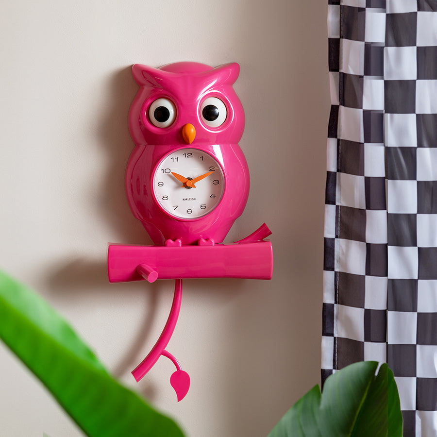 Owl Pendulum Wall Clock - Bright Pink