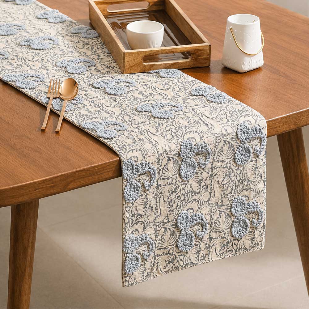 Paisley Embroidered & Printed Table Runner - Blue Black