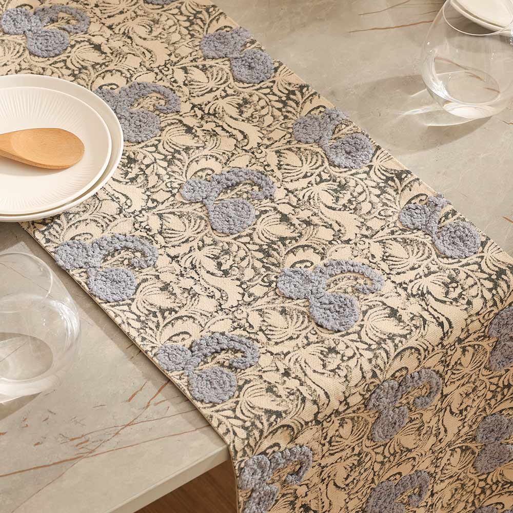 Paisley Embroidered & Printed Table Runner - Blue Black